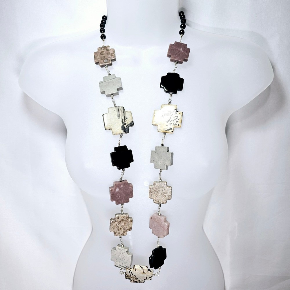 Artisan Cross Necklace Natural Stone Gem Statement Spiritual Station Religious